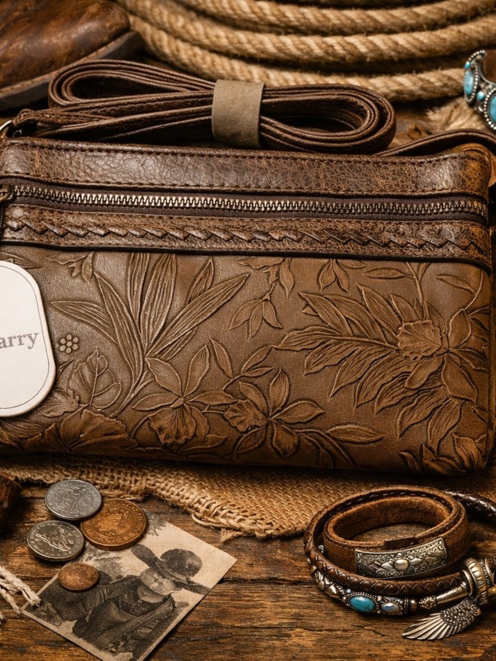 St. barry  Floral Brown Vegan Leather Crossbody Bag
